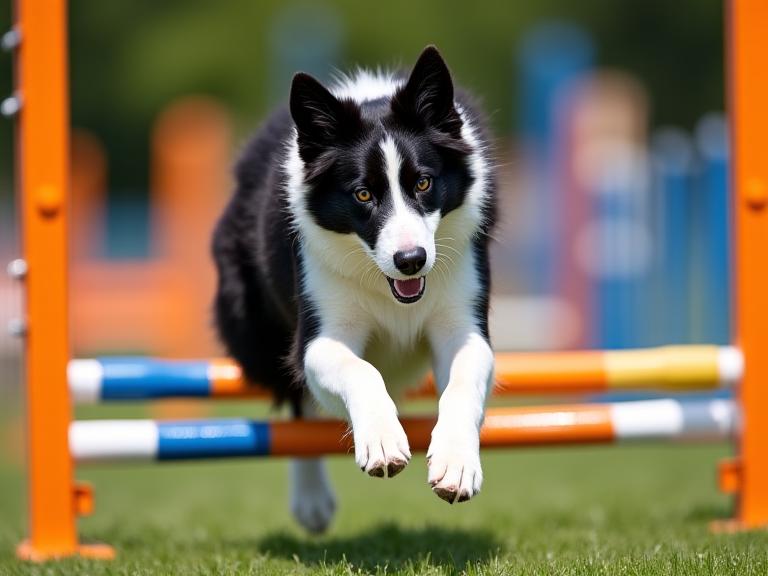Border Collie yang tangkas melompat melalui halangan