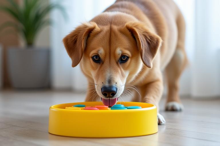 Anjing gembira bermain permainan puzzle pengayaan