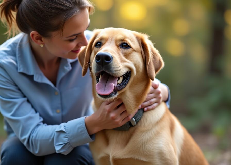 Jurulatih anjing profesional dengan Labrador yang gembira